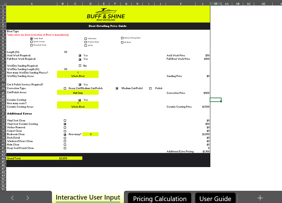 Boat Detailing Price Indicator Tool (Excel)